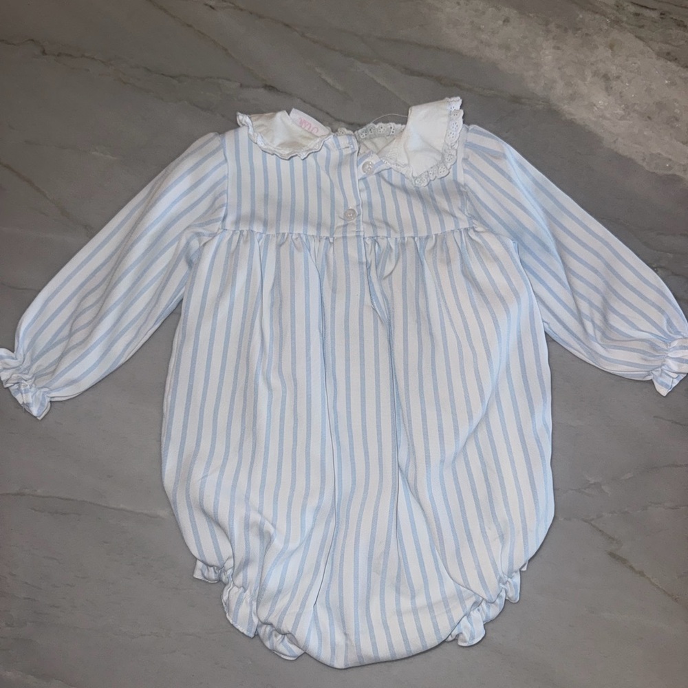 Blue & White Stitchy Fish Striped Baby Romper